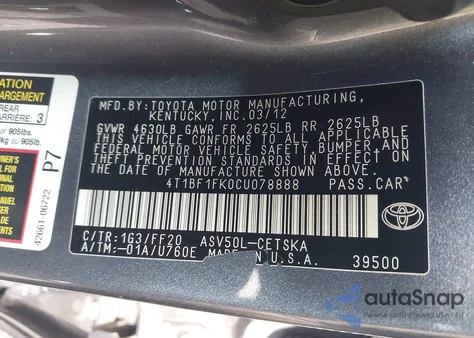 2012 Toyota Camry Se from USA, damaged, VIN 4T1BF1FK0CU078888